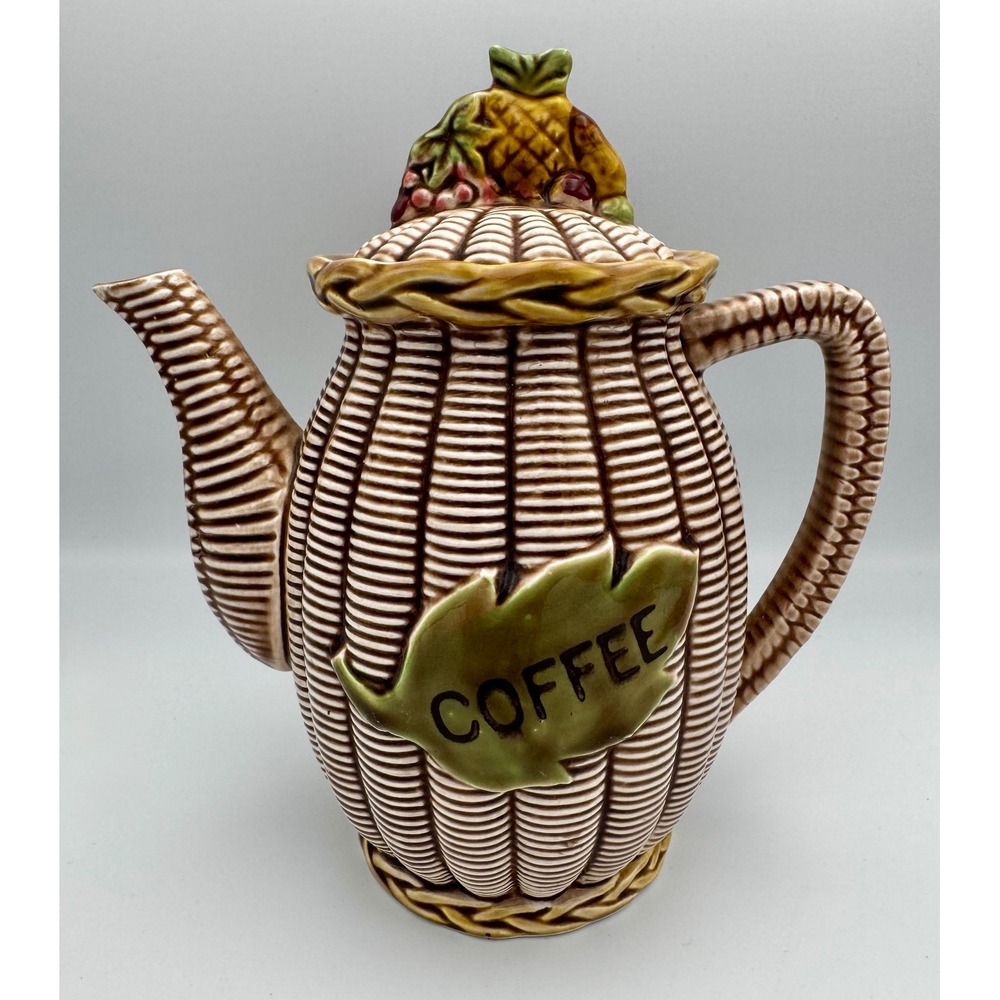 Vintage Tilso Japan Basket Weave Ceramic Coffee Pot Fruit Lid Pristine 3/56
